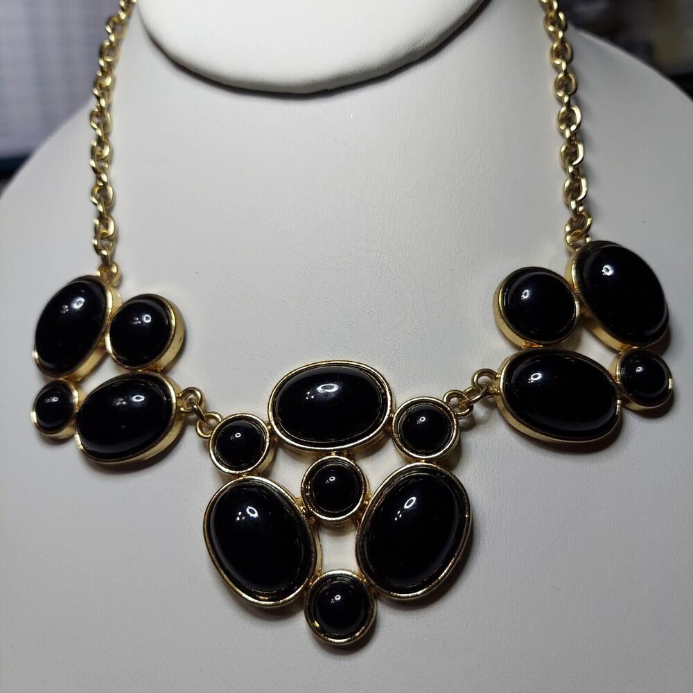 Princess-length Necklace Black and Goldtone Flowers on chain 16-19"